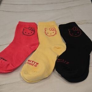 San RIO Hello Kitty BIG Kids or Adult Socks Trio - Pink Yellow Blk New 3 Pc Set